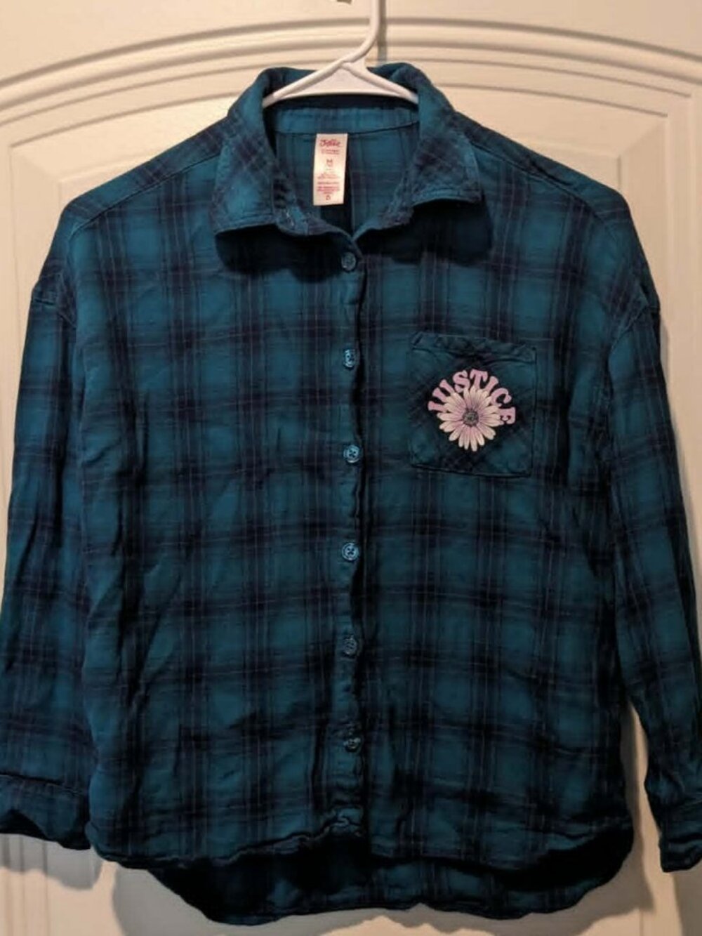 Girl's Justice Green Blue Plaid Flannel Button-Up Shirt - size M (10) EUC